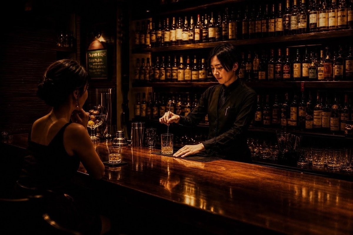 すすきの Authentic Bar STARS 2003 木村絵理バーテンダーがカウンターで一人のお客様にカクテルをお創りしている様子